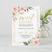 Boho blush bloemeneucalyptus gouden glitter 16e kaart (Staand voorkant)