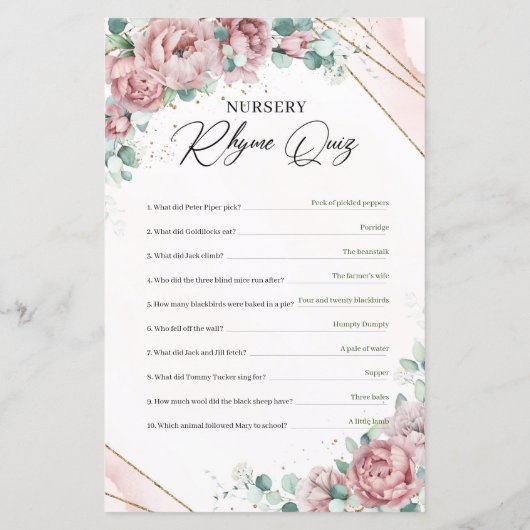 Boho blush bloemengoud groen Nursery Rhyme Quiz (Achterkant)