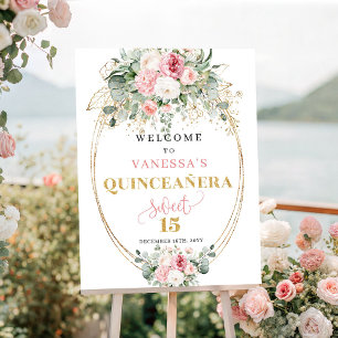 Boho blush bloemengoud groen quinceañera welkom poster