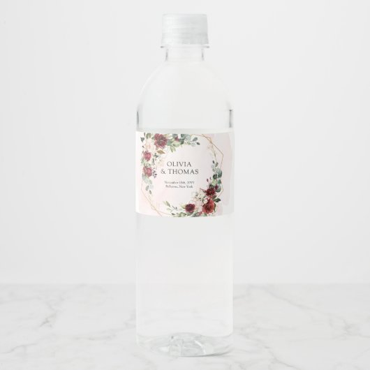 Boho blush bordeaux roze en goud geometrisch waterfles etiket (Voorkant)