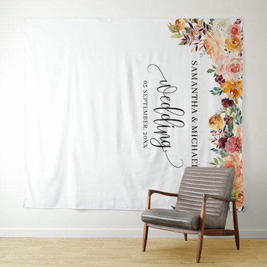 Boho Blush bordeaux sinaasappel bloemenbruiloft ac Wandkleed (In Situ (horizontaal))