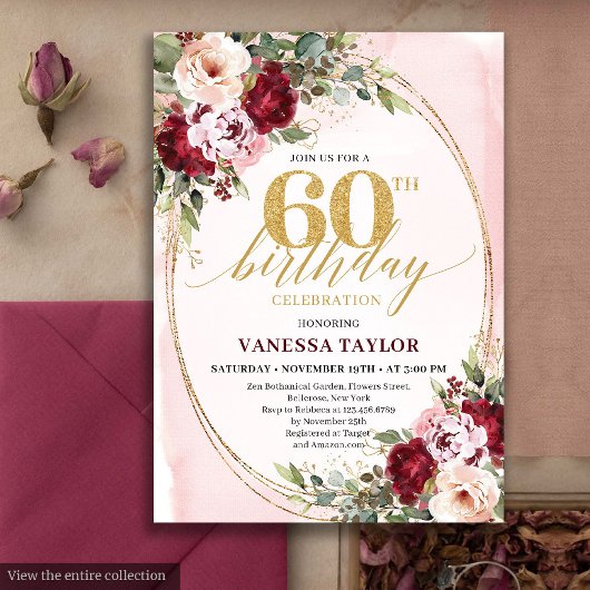 Boho Blush Burgundy Gold Roses 60th Birthday Kaart