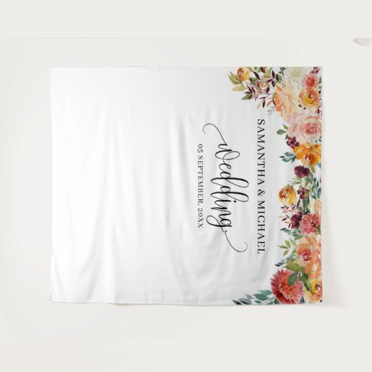 Boho Blush burgundy oranje bloem bruiloft achtergr Wandkleed (Voorkant (horizontaal))