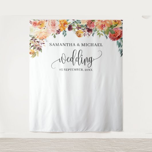 Boho Blush burgundy oranje bloem bruiloft achtergr Wandkleed (Voorkant)