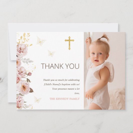 Boho Blush Butterfly Baptism Carte de remerciement (Devant)