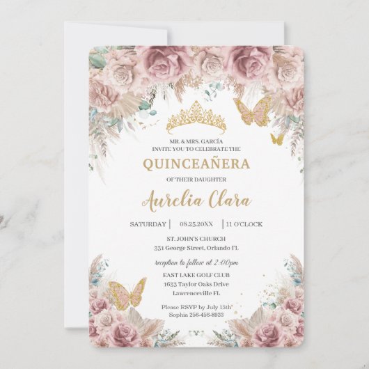 Boho Blush Dusty Roos Floral Pampas Quinceañera Kaart (Voorkant)