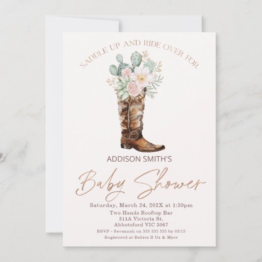 Boho Blush Floral Cacti Boot Baby shower Kaart (Voorkant)