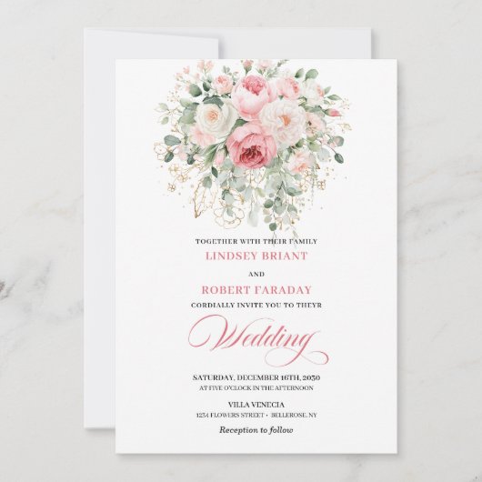 Boho Blush Floral Greenery Wedding Invitation (Devant)