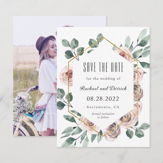 Boho Blush Floral met Foto Save the Date (Voorkant / Achterkant)