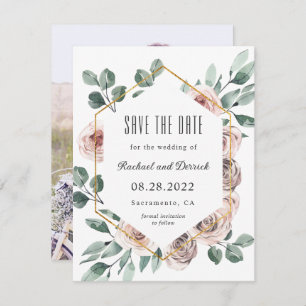 Boho Blush Floral met Foto Save the Date