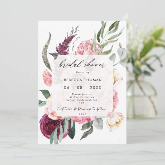 Boho Blush Florals Bruids Douche Uitnodiging (Staand voorkant)