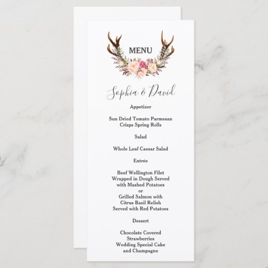 Boho Blush Flowers Antlers Menu Mariage (Devant / Derrière)