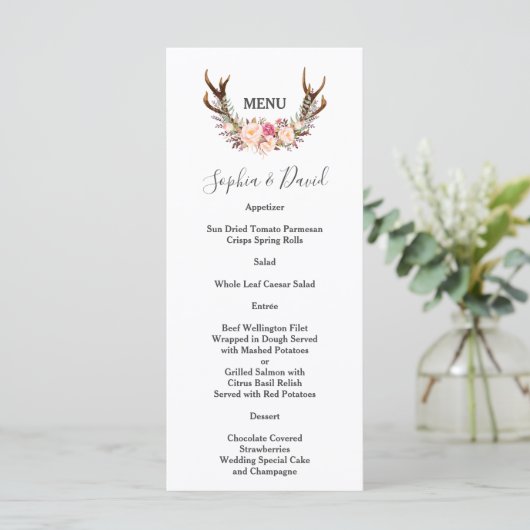 Boho Blush Flowers Antlers Menu Mariage (Debout devant)