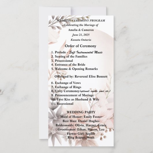 Boho Blush Gedroogd Bloemen Huwelijksprogramma (Voorkant)