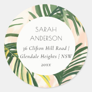 Boho Blush Green Tropical Palm Beach Adres Ronde Sticker