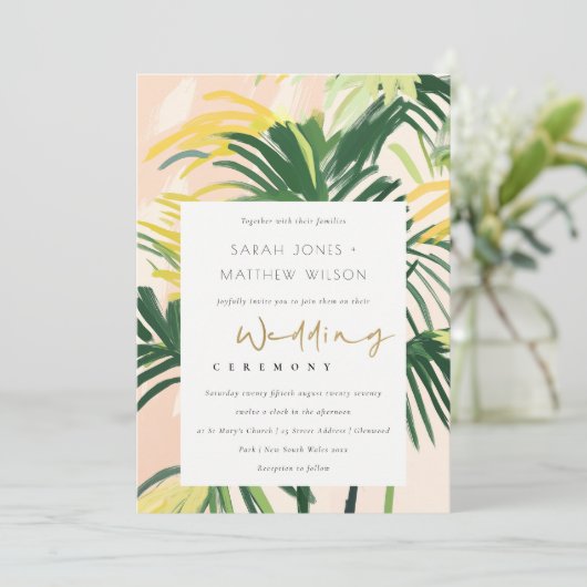 Boho Blush Green Tropical Palm Beach Wedding Kaart (Staand voorkant)
