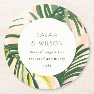 Boho Blush Green Tropical Palm Beach Wedding Ronde Kartonnen Onderzetter