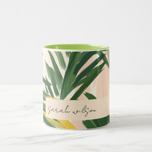 Boho Blush Green Tropical Palm Leaves Beach Tweekleurige Koffiemok (Center)