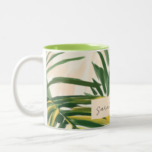Boho Blush Green Tropical Palm Leaves Beach Tweekleurige Koffiemok