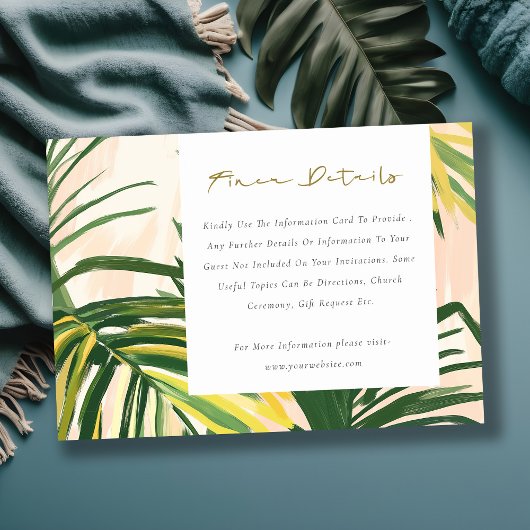 Boho Blush Green Tropical Palm Wedding Details Informatiekaartje