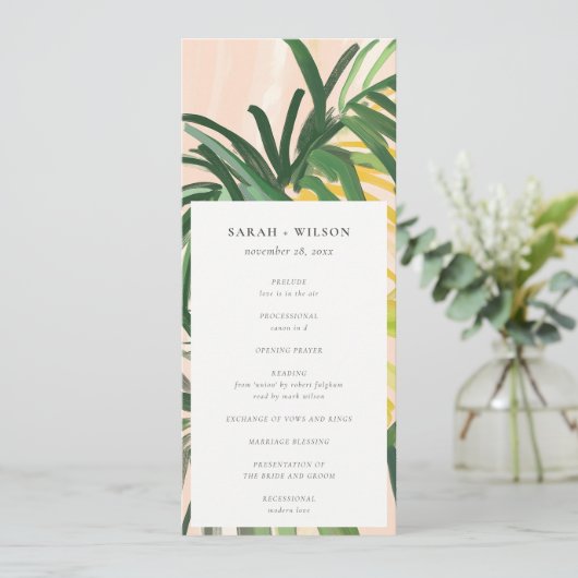 Boho Blush Green Tropical Palm Wedding Programma (Staand voorkant)