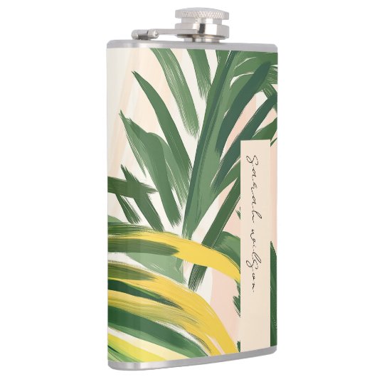 Boho Blush Groene Tropische Palm Beach Bladeren Heupfles (Rechts)