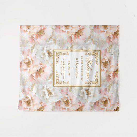 Boho blush ivoor gouden bloemen bruiloft wandtapij wandkleed (Voorkant (horizontaal))