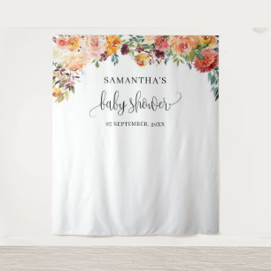 Boho blush oranje burgundy herfst bloemstuk achter wandkleed