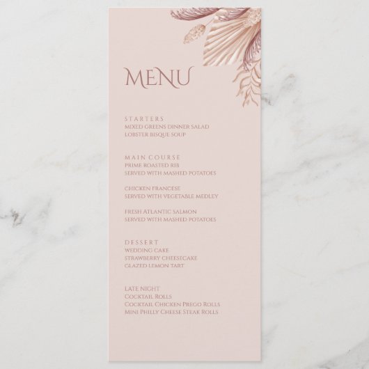 Boho Blush Pampas Grass Wedding Menu Kaart (Voorkant)