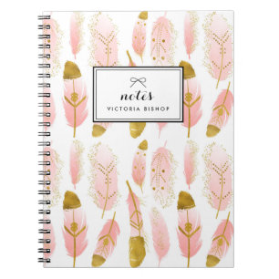 Boho Blush Pink Feathers Gold Foil geïndividualise Notitieboek
