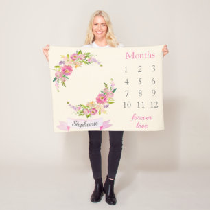 Boho Blush PInk Floral Baby Girl Milestone Baby Fleece Deken