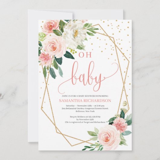 Boho Blush Pink Floral Baby shower Uitnodiging (Voorkant)