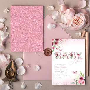 Boho Blush Pink Floral Butterfly Girl Baby shower Kaart