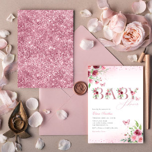 Boho Blush Pink Floral Butterfly Girl Baby shower Kaart