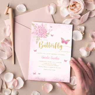 Boho Blush Pink Floral Butterfly Girl Baby shower Kaart