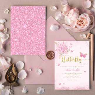 Boho Blush Pink Floral Butterfly Girl Baby shower Kaart