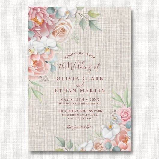 Boho Blush Pink Floral op Rustic Burlap Wedding Kaart