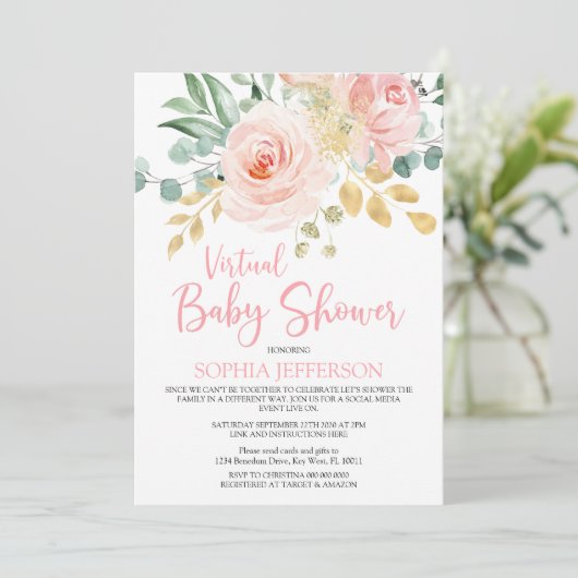 Boho Blush Pink Floral Virtual Baby shower Kaart (Staand voorkant)