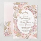 Boho Blush Pink & Gedroogde Floral Rozen Quinceane Kaart (Voorkant / Achterkant)