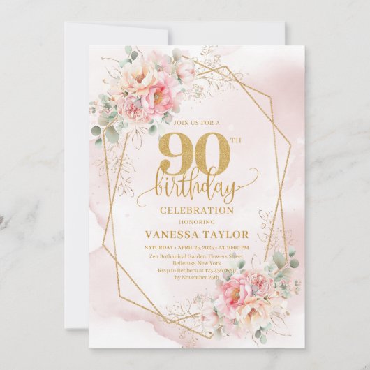 Boho Blush Pink Gold Floral 90th Birthday Invites Kaart (Voorkant)