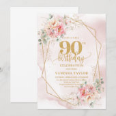 Boho Blush Pink Gold Floral 90th Birthday Invites Kaart (Voorkant / Achterkant)