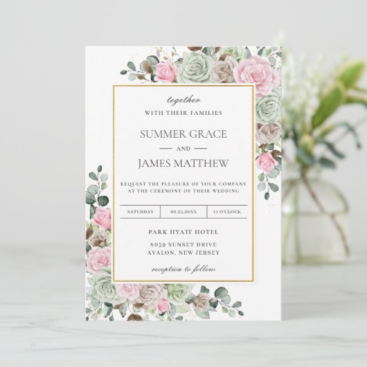 Boho Blush Pink Sage Green Taupe Floral Wedding Kaart (Staand voorkant)