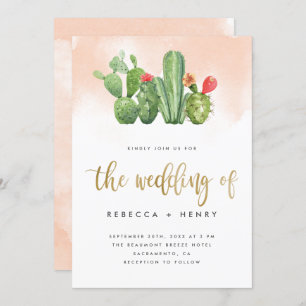 Boho Blush Pink Waterverf & Cactus Wedding Kaart