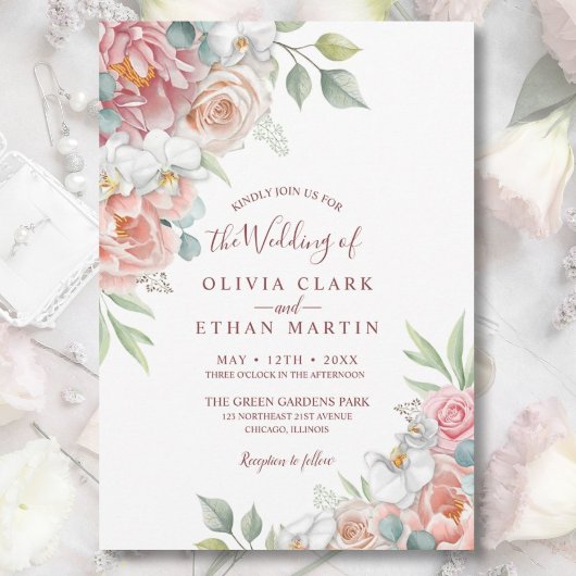Boho Blush Pink Waterverf Floral Wedding Invitati Kaart