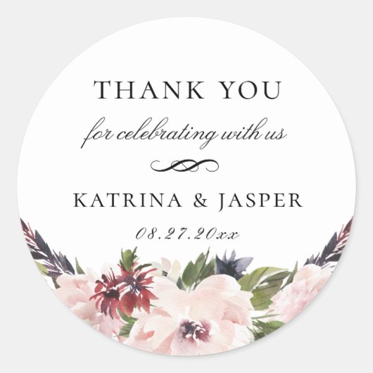 Boho Blush Plum Bloemen bruiloft gunst Ronde Sticker (Voorkant)