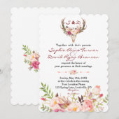Boho Blush Red Floral Antler Skull Wedding Kaart (Voorkant / Achterkant)