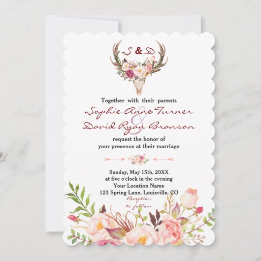 Boho Blush Red Floral Antler Skull Wedding Kaart (Voorkant)