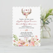 Boho Blush Red Floral Antler Skull Wedding Kaart (Staand voorkant)
