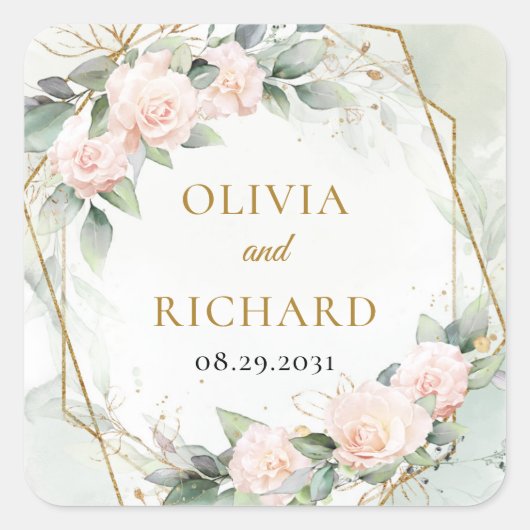Boho blush rose cadre or vert mariage autocollant (Devant)