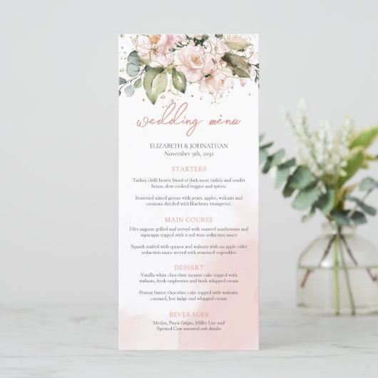 Boho Blush Rose Floral Rose Menu Mariage Moderne (Debout devant)